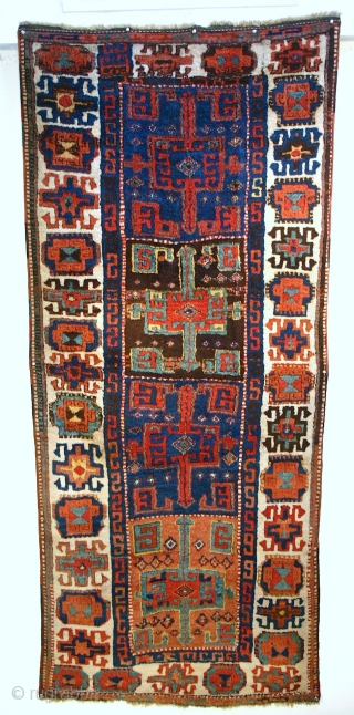 Archaic East Anatolian Yuruk Rug. circa 1800 - 1830. Size 7'4" x 3'1"
Condition is excellent with mostly full pile. One narrow border at one end is restored. Brilliant color and wool, in  ...