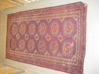 Antique Tekke/ Saryk rug 19 century, with restorations - needs a wash, fine wave, clossy wool, worn places, Size: 102 x 182 cm          