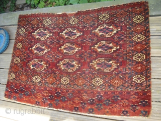 Antique Turkmen Chuval - maybe Tekke? - great range of natural colours - glossy wool - good drawing - IV Qu of 19th century - professional washed recently - with damage and  ...