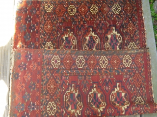 Antique Turkmen Chuval - maybe Tekke? - great range of natural colours - glossy wool - good drawing - IV Qu of 19th century - professional washed recently - with damage and  ...