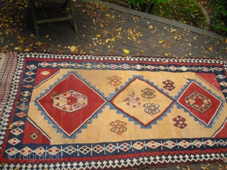 19th century Qashqai or Luri Kilim/ Size: 308 cm x 148 cm/ with some holes and wear/ needs a wash/ very nice natural colors/ Wool on Wool      