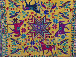 Antique Cross-stitch wool embroidery, 5'5 x 8'4, made in Goa,India, 19th century. Beautiful, saturated colors with unusual radial field design of multi-colored horses, peacocks and small birds flanking trees of life, and  ...