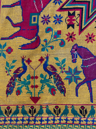 Antique Cross-stitch wool embroidery, 5'5 x 8'4, made in Goa,India, 19th century. Beautiful, saturated colors with unusual radial field design of multi-colored horses, peacocks and small birds flanking trees of life, and  ...