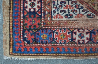 NWP Kurdish rug with camelhair border, 347 x 121 cm, some old re-knotting with faded away colors, beautiful drawings.              