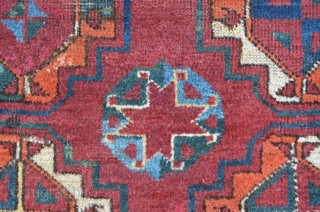 Amu Darya Ersari main carpet, 227 x 182 cm, some old repairs and damages on the upper end. Deep saturated dark red ground color. "Sary" main gul. Secundary gul is shown in  ...