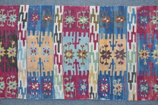 Anatolian Kilim, 307 x 73 cm, brilliant colors, ca.200 years old.                      