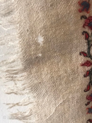 Pashmina long shawl. Softest oldest of this type that I've ever had, circa 1900?? 8'6"x 3'9" Scattered small moth holes on plain ends.  None in field.  Domestic sale ONLY.  