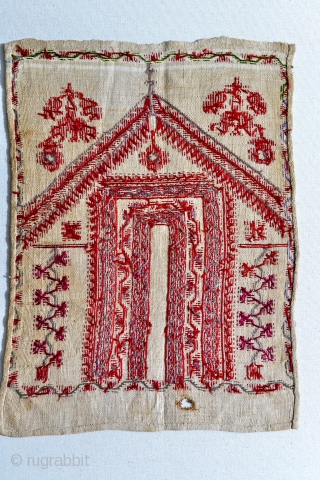 1800s Palestinian embroidery with Tyrian dye and traces of green silk.
Very early example from Ottoman era. 11 x 15 inches. 
It will flatten fine (was not stored flat).     