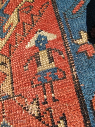 Antique Armenian Caucasian Talish? Runner rug. Over 30 different inwoven human figures. Good Apricot color Over 10ft long. Needs 20-30 sq inch repiling.          