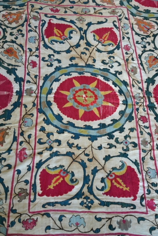 19th Century Uzbek Bukhara Suzani made of 8 almost equal panels stitched together vertically. Very good condition with very minor fraying and light stains. All natural colors include apricot, magenta, red, several  ...