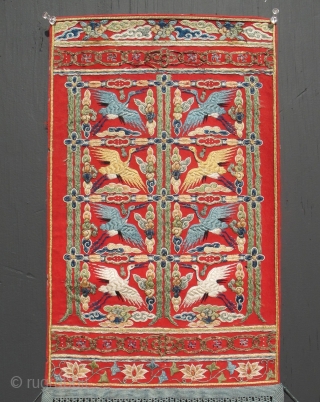 chinese or tibetan stork crane tapestry embroidery 25 x 10 inches                      