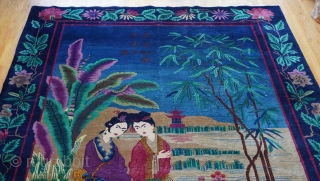 Pictorial Antique Art Deco Chinese Signed Two Ladies Oriental Rug, size is (8'10" x 11'6" ft), amazing colors, overall it is in wonderful condition with respect to its age, very tightly woven,  ...