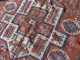 Antique Bergama Turkish rug, 5' X 6.8", 100% wool pile/warp/weft, circa 1860-1870, binding redone and minor re-knotted areas,               