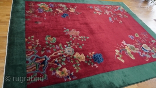 Art Deco Chinese oriental Rug ca. 1920s, size (8'9" x 11'5" ft) excellent condition, professionally hand washed and cleaned just recently.            
