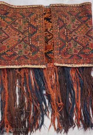 Antique Turkoman Esari 3 Gul Torba ,size is 1'7" x 4'6" ft. - 48 x 137cm. excellent original condition, all vegetable dyes, complete with original tassels, no wears, no holes, no repairs,  ...