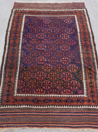 Antique Baluch rug Blue & green background, measures (3'7" x 5'6" ft.) (109 x 168 cm.) very good condition, no wears, no repairs/restoration, professionally hand washed & cleaned just recently.   