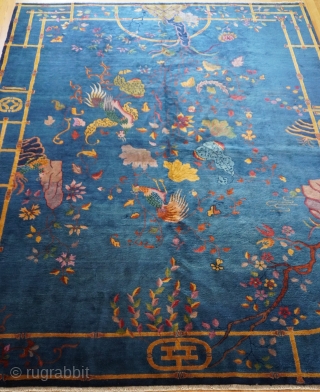 Antique Art Deco Chinese Rug, size is 8'8" x 11'5" ft, full pile, professionally hand washed and cleaned just recently.             