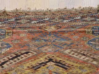 large antique Caucasian Soumak rug, 6'9" x 10'9" , has wears and a few small holes,some old restoration,  100% wool, c. 1860's-1880's          