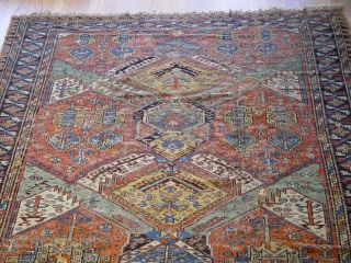 large antique Caucasian Soumak rug, 6'9" x 10'9" , has wears and a few small holes,some old restoration,  100% wool, c. 1860's-1880's          