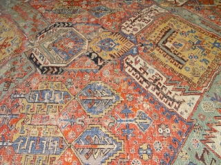 large antique Caucasian Soumak rug, 6'9" x 10'9" , has wears and a few small holes,some old restoration,  100% wool, c. 1860's-1880's          