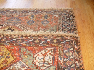 large antique Caucasian Soumak rug, 6'9" x 10'9" , has wears and a few small holes,some old restoration,  100% wool, c. 1860's-1880's          