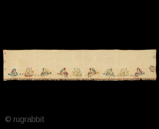 Border Panel of Wedding Bed Sheet, 

Skyros Island, Greece,

Linen, silk; embroidery,

17th/early 18th Century, 

82x16 in/208x40.5 cm


An heirloom textile that features repeats of ships with sailors separated by fantastic birds, both displaying Ottoman  ...