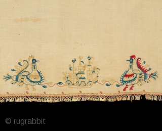 Border Panel of Wedding Bed Sheet, 

Skyros Island, Greece,

Linen, silk; embroidery,

17th/early 18th Century, 

82x16 in/208x40.5 cm


An heirloom textile that features repeats of ships with sailors separated by fantastic birds, both displaying Ottoman  ...