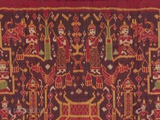 Pidan Temple Hanging,

Khmer People, Cambodia,

Silk; weft ikat,

19th/early 20th Century, 

62 x 32 in/157.5 x 81 cm, 

Pidans were never worn as clothing but rather were pious offerings, made to be hung in  ...