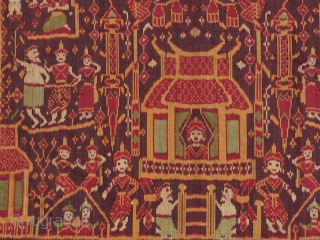 Pidan Temple Hanging,

Khmer People, Cambodia,

Silk; weft ikat,

19th/early 20th Century, 

62 x 32 in/157.5 x 81 cm, 

Pidans were never worn as clothing but rather were pious offerings, made to be hung in  ...