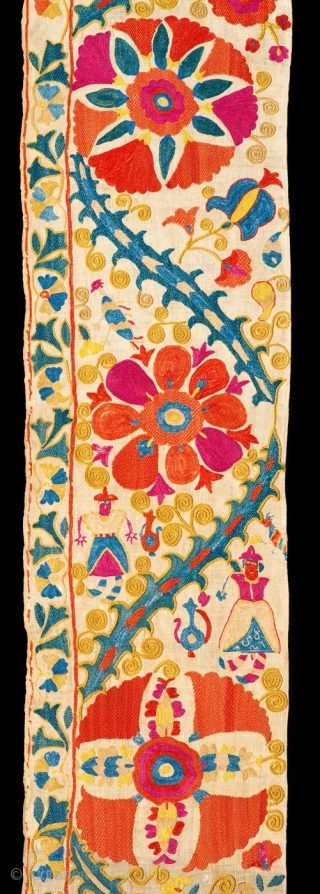 Suzani Border with Human Figures,

Bokhara, Central Asia,

Cotton, silk,

Circa 1800,

110x11.5 inches/279x29 cm,

The name suzani comes from the Persian word, meaning needle-work. The rarest and most sought after are the large medallion type that  ...