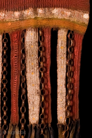 Ritual Apron,
Papua New Guinea Highlands,
Fiber, leather elements, pigment; twining,
Early to mid 20th Century, from an Old Australian Collection,

19x13 in/48x33 cm,

No doubt one of the first forms of weaving involved a pre-loom interlacing  ...