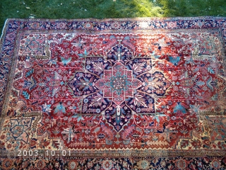 A "problem" heriz dating from pre-WW2 (previous owners thought 1920's but all that pink says 1930-1940 to me). I have washed it twice on the lawn (lacking access to an affordable rug  ...