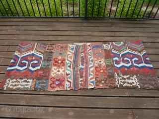 Early part of 19th C Kona Kilim half.  13' 6" x 34"  many old repairs but fairly complete. SOLD THANK YOU!          