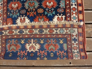 SOLD! Northern Caucasian rug 19th C last quarter, bought from James Opie many years ago and hung on a wall.  Good pile with end loss as shown. 3'1" x 5'1"   ...