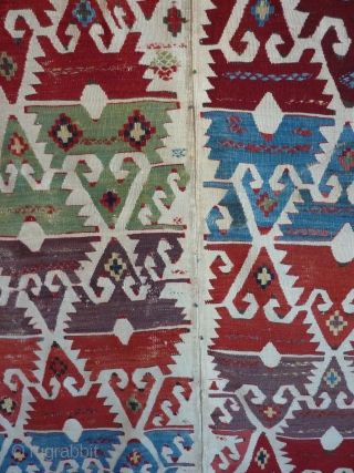 SOLD!   19TH Century Anatolian kilim half which has been cut in half by a previous owner, for easier display, and cleaned by Rbt. Mann (great job) who removed old glue  ...