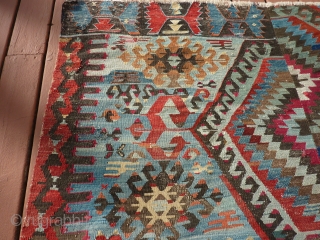 Antique Anatolian kilim about 10' x 5'   Substantial but not 100% complete--see pictures.  Rare blue ground with many interesting details. $1200 US plus shipping.      