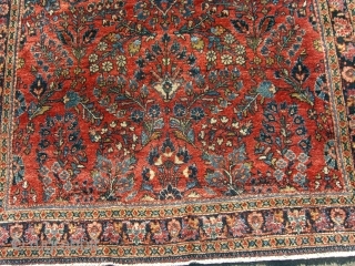 Beautiful Sarouk in excellent condition. Measures 3'4" x 4'9". Selvages original and in very good condition. a couple of rows of knots missing at both ends but ends are well-secured and very  ...