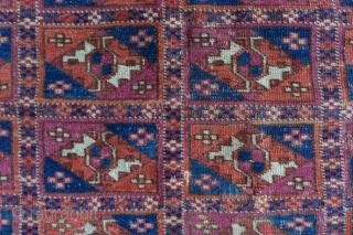 Late 19th century small tekke turkmen rug, possibly a dowry trapping. Great colours – evenly low pile with several small areas of crude repairs and a larger section in the upper selvedge  ...