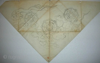 ‘Three Khorlo’ uchishiki drawing, Japan, Meiji (circa 1880), 76x41cm.
An ‘uchishiki’ was a triangular cloth used to cover the front and sides of altars in Buddhist temples. Such cloths were presented to the  ...