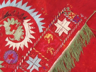 Antique rare Uzbek nomads Lakai embroidered piece, late 19th. Silk, wool embroidery on red VERY fine kilim, all dyes is natural. In good condition, have damaged places, see photos. Size is 200-190  ...