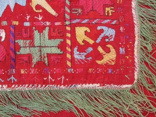 Antique rare Uzbek nomads Lakai embroidered piece, late 19th. Silk, wool embroidery on red VERY fine kilim, all dyes is natural. In good condition, have damaged places, see photos. Size is 200-190  ...