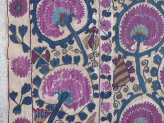 Beautiful antique Uzbek Suzani from the Ura Tube region, which is now in Tajikistan. Silk embroidery on a hand woven linen base cloth, which has darkened from age where exposed. Late 19th  ...