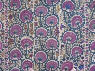 Beautiful antique Uzbek Suzani from the Ura Tube region, which is now in Tajikistan. Silk embroidery on a hand woven linen base cloth, which has darkened from age where exposed. Late 19th  ...