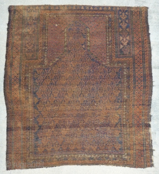 Antique early Dokter-e-Qazi / Dokhtar-i-Gazi (Many spellings seem to exist.) prayer rug. Early example with small amount of white and yellow accents. Probably not a rug for the floor, but to hang.  ...