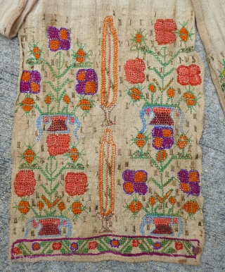 Antique, late 19th to very early 20th century, Ottoman Turkish embroidered sash textile. Natural linen based with embroidery of blue, salmon, orange, purple, magenta and green silk floss with gold-colored flat metal  ...