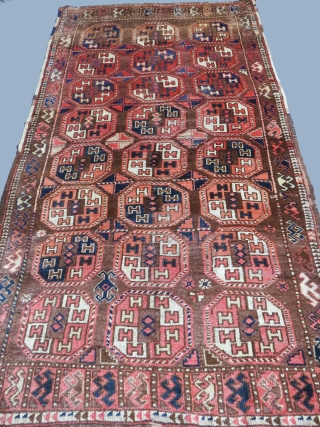 Turkmen main rug from Upper Amudarya-Red Desert. Some areas low pile, fairly in good condition. Size: 60" x 105" - 154cm x 267cm.          