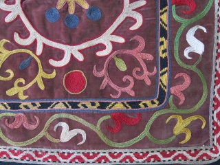 Tajikistan Lakai miror cover silk emrboiery on velvet, fine chain stitch with natural colors, Circa 1930-40s size: 16" X 15" -- 41 cm x 38 cm       