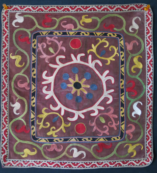 Tajikistan Lakai miror cover silk emrboiery on velvet, fine chain stitch with natural colors, Circa 1930-40s size: 16" X 15" -- 41 cm x 38 cm       