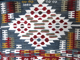 Syria Kilim saddle cover wool, cooton and metallic weave. Little repairs on upper slits. Circa 1920 -1940s Size : 42" X 36 " - 107 cm x 91 cm vedatkaradag@gmail.com   