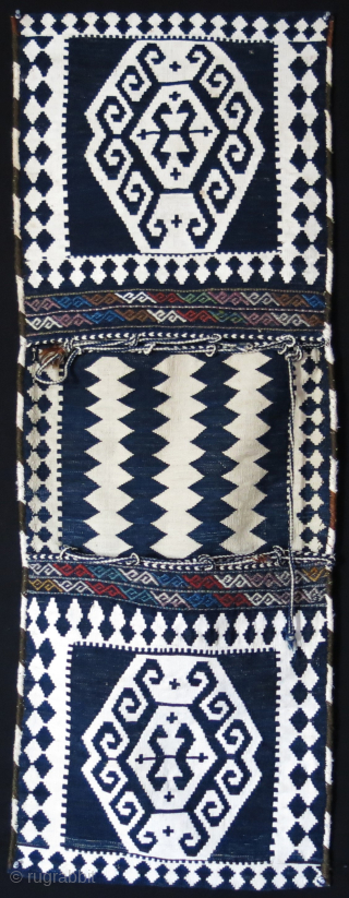 Western Azerbaijan monochrome color Lori Double bag. Wool cotton mixture with deep indigo shade. Size " 55' X 20" - 140 cm X 51 cm Circa 1920s vedatkaradag@gmail.com
     